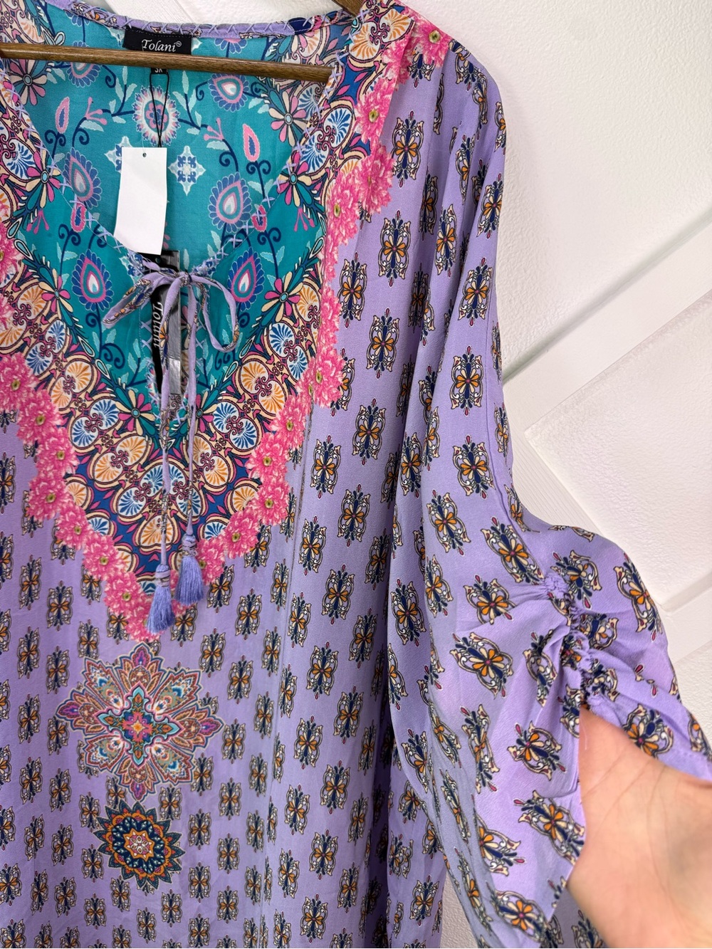 NWT Tolani Veera Tunic Top 3X Purple Boho Tassel 100% Silk MSRP $205 - Picture 4 of 11
